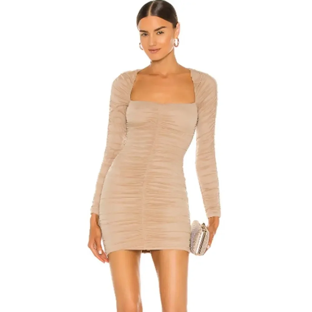 Michael Costello x REVOLVE Franky Mini Dress Mesh Ruched Long Sleeve, Taupe - Picture 14 of 14